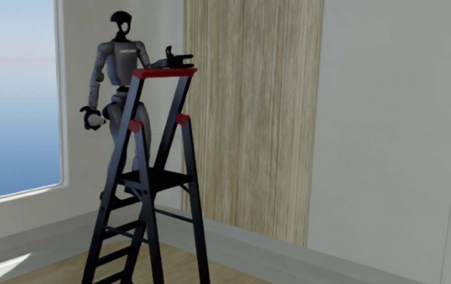 The G1 placed on the top tread of the ladder, carrying the bulb, holding the on-ladder stance.